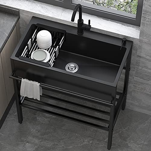 Fregadero Cocina 1 Seno Negro,Fregaderos Exterior Independiente de Acero Inoxidable con Grifo Extraíble y Drenaje,Lavabo Utilitario de Preparación Comercial,para Cuarto de Lavado Garaje (Size : 60x45