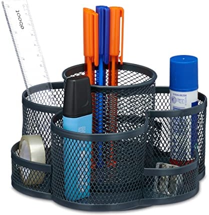 Relaxdays Stiftehalter drehbar, 7 Fächer, Metall, HBT: 10,5 x 16 x 17 cm, Stifteaufbewahrung Schreibtisch, anthrazit