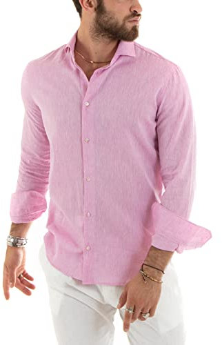 Camicia Uomo Colletto Melangiata Lino Sartoriale Made in Italy (IT, Testo, XL, Regular, Regular, Rosa)