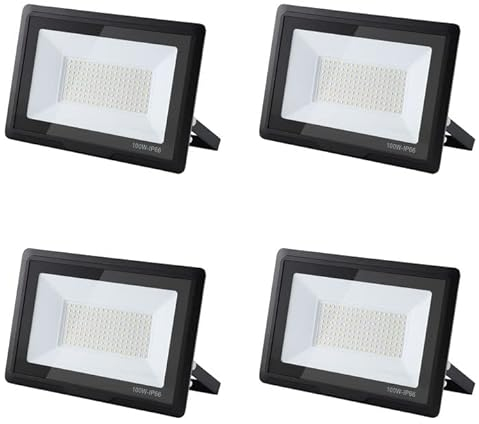 treoir 100w Flutlichtstrahler: 6000K Kaltweiß Superhell 10000LM IP66 Wasserdichter led strahler für Hinterhof/Stadion/Werkstatt Außenbeleuchtung (4pcs, 100W)