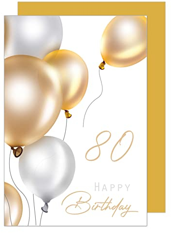 Edition Seidel Premium Glückwunschkarte zum 80. Geburtstag mit Umschlag. Geburtstagskarte Grusskarte Billet Luftballons Karte Happy Birthday Mann Frau gold (GZ349-80 SW023)