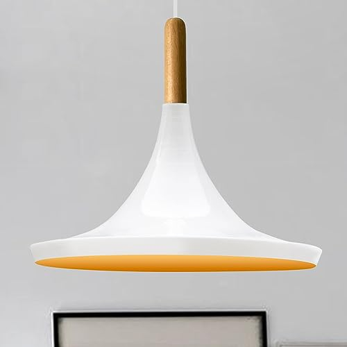 bamyum Genisy Pendelleuchte aus Holz, 31 cm Hängelampe Metall E27 Moderne Esstisch Lampe, Skandinavisch Pendellampe für Schlafzimmer Wohnzimmer Küche Esstisch, Weiß Küchenlampe Hängend