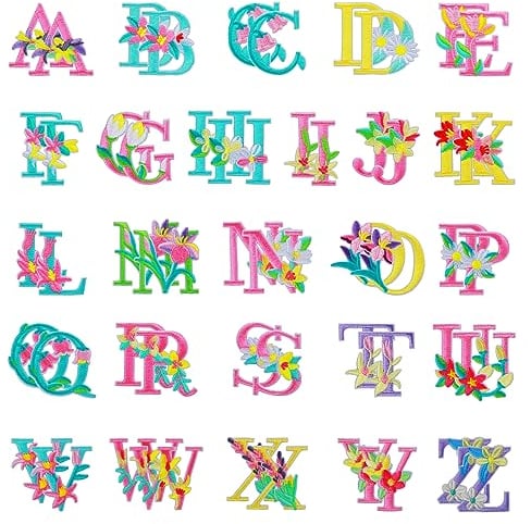 cobee 52 Stück Blumen Buchstaben Aufnäher zum Aufbügeln, A-Z Alphabet bestickte Applikationen bunte Buchstaben Aufnäher Nähen Reparaturflicken für Kleidung DIY Handwerk