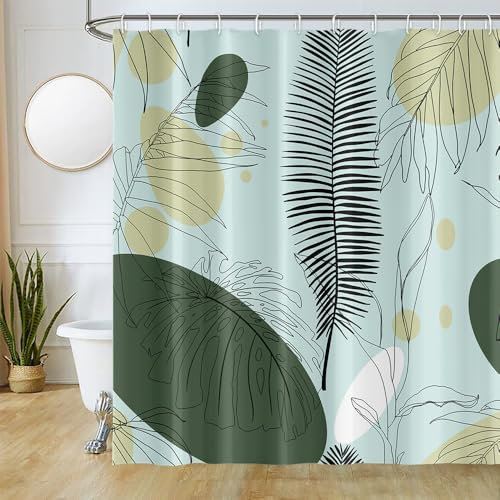 Uiiooazy Tenda da doccia verde, tenda da doccia, 180 x 180 cm, anti muffa, tropicale, astratta, foglie di palma, tende da bagno in tessuto lavabile, impermeabile, tende da bagno con 12 ganci