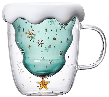 Tazze da caffè a Forma di Albero di Natale Tazze da caffè Natalizie in Vetro a Doppia Parete Tazze Carine con Coperchio e Manico Regali di Natale per Donne Bambini Ragazze Uomini(con Coperchio)