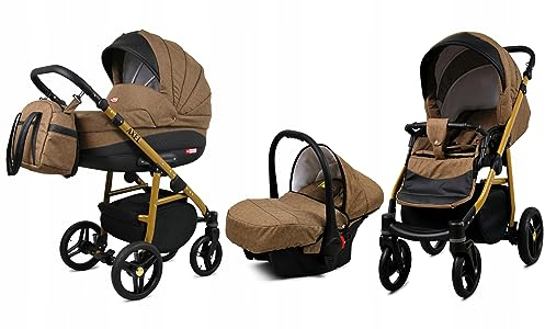 BabyLux® Bambimo Kinderwagen Set 3 in 1 - Axel - incl. Babywanne, Buggy Sportsitz, Auto-Babyschale - Autositz - Kinderwagenset - Kombikinderwagen mit Wickeltasche, Regenschutz usw.