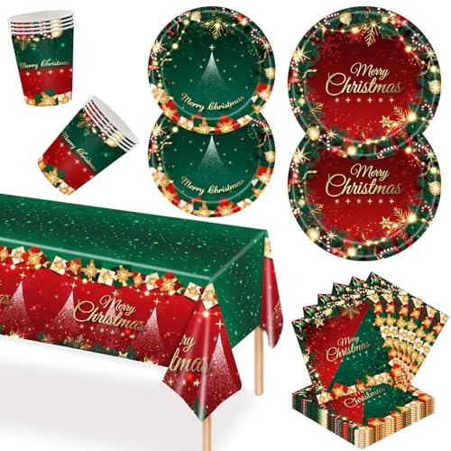 Juego de 69 piezas de vajilla de papel de Navidad para fiestas de Navidad, para 16 invitados, mantel desechable de Navidad, mantel azul