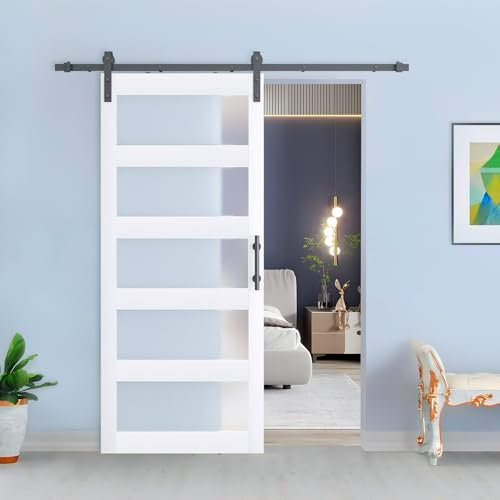 BARNSMITH 36in x 84in Glass Barn Door with 6.6FT Sliding Door Hardware Kit Included & Handle,5-Panel Frosted Glass Barn Door Solid Wood Water-Proof PVC Surface,Pre-Drilled Easy Assembly,White
