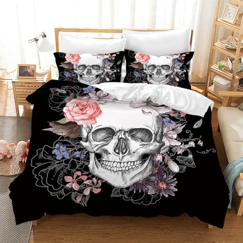 Leleyouzer 3D Totenkopf Bettwäsche Set,Totenkopf Muster Gotisch Bettbezug Für Teenager Erwachsene,Schädel Microfaser Bettwäsche mit Reißverschluss und 2 Kissenbezug 50x75cm (Schädel 4, 135×200 cm)