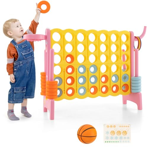 GOPLUS Riesiges 4 Gewinnt Spiel, Strategiespiel mit 42 Ringen, Basketballkorb & Wurfspiel & Schnellspannhebel, 4 in Einer Reihe für Kinder & Erwachsene (Rosa + Gelb)