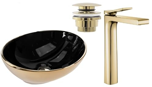 GTM Design Aufzatzwaschbecken mit Armatur - Waschbecken mit Hahn - Waschbeckenarmatur Gold - Aufzatzwaschbecken Oval - Waschbecken Schwarz/Gold Glanz - Aufsatzwaschbecken mit Armatur komplett Set