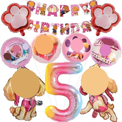 Mizijia 10 Stück Paw Dog Geburtstagsdeko 5 Jahre Mädchen, Paw Dog Luftballons Geburtstag Set, Kindergeburtstag Folienballon, Geburtstag Party Deko Ballons Set für Kinder (5)