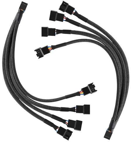 KUOQIY PWM Fan Splitter Cable - 1 to 4 Converter, 4PIN Power Extension Adapter, 4 Way Computer Cable for Case 4-Pin/3-Pin Cooling Fans (2 PCS)