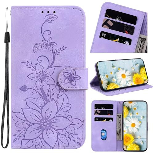 Beajew Handyhülle Kompatibel mit LG K61, PU Leder Eleganter Prägung Schutzhülle mit Kartenfach, Flip Case Klappbar Stoßfeste Hülle, Mit Lilienmuster, Lila