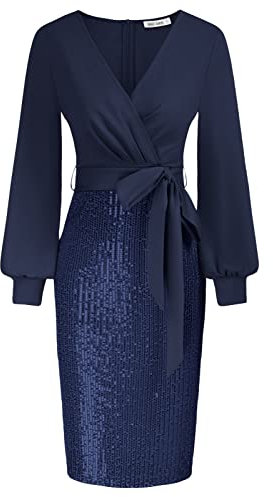GRACE KARIN Women's Long Sleeve Plus Size Bodycon Evening Dresses Belted Cocktail Sequin Dress Navy Blue XL
