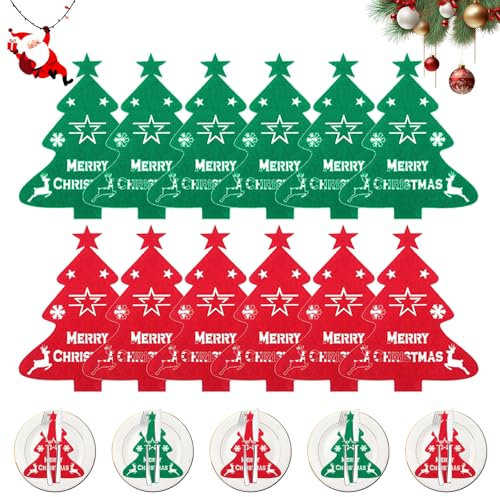 NEERIX 12 soportes para cubiertos de Navidad de fieltro, soporte para cubiertos de Navidad en diseño de árbol de Navidad, decoración navideña para cuchillos, tenedores y cucharas, comida para fiestas