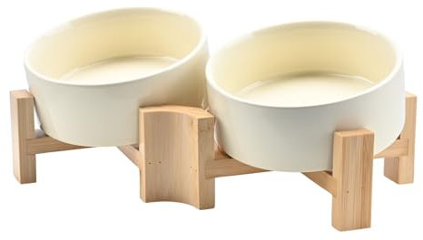 SPUNKYJUNKY 15° Slanted Ceramic Dog and Cat Bowl with Wooden Stand, Tilted Bulldog Food and Water Bowl No Slip Non-Spill for Cats Medium Dogs Big Face Pets 13.5 OZ (1.7 Cups, Beige × 2)