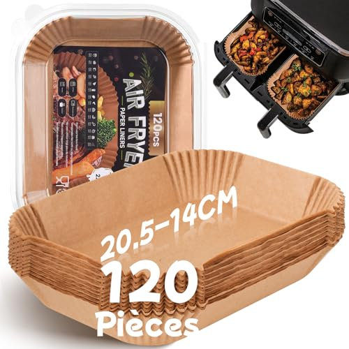 Papier Cuisson pour Ninja Air Fryer, 120 Pièces 20,5x14cm Rectangulair Paper Liners Friteuse Sans Huile Accessoires pour Dual Zone Double Stack Friteuse à Air, compatible avec Ninja AF300EU/AF400EU