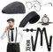 20er Jahre Accessoires, Mafia Kostüm Herren Vintage Gangste Kostüm Herren Accessoires mit Panama Hut Fliege Taschenuhr Kunstbart Brille Krawatte Karneval Kostüme für Kostümpartys, Karneval Partys