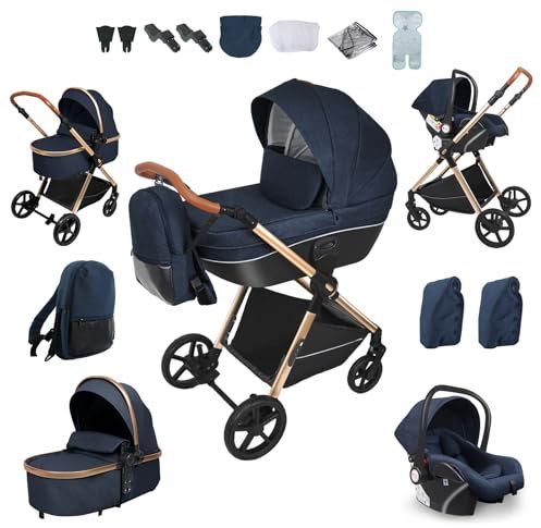 Prokoke Kinderwagen 4 in 1, Kinderwagen Set Einem Klick Faltbar, Kombikinderwagen 4 in 1 mit Umkehrbarem Zwei-Wege-Schub, Buggy Rahmen Aluminiumlegierung Baby Kleinkind Neugeborene (H2 Blue)