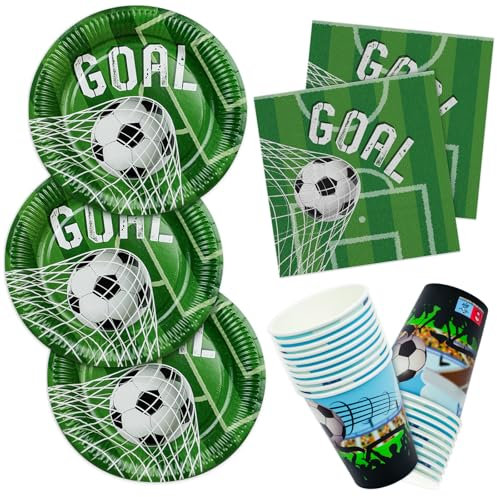 HNH Goal Football Party Paper Plates Napkins and Cups Set 52 Disposable Dinnerware for 16 Person