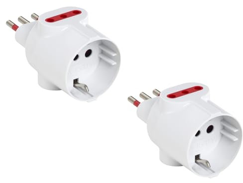 Pack de 2, Triple blanco, enchufe pequeño 10A, 2 tomas bivalentes 10A/16A, 1 toma schuko alemana 16A, adaptador triple