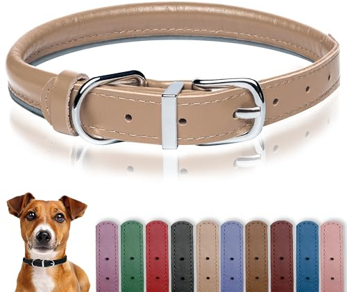 OOPSDOGGY Hundehalsband aus gerolltem Leder, reflektierend, für kleine, mittelgroße und große Hunde, Welpen (Beige, XL, 43–53 cm)
