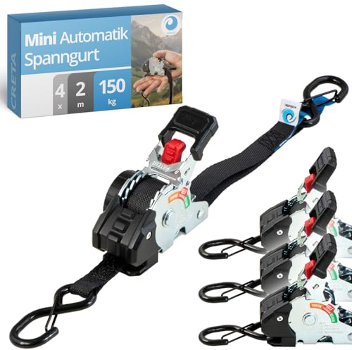 valonic Creta 2 m, Mini Spanngurte Automatik, für Kofferraum und Anhänger sowie Auto und Transport, 4er Set, 150 kg Zurrkraft, 19 mm, Spanngurt Selbstaufrollend, S-Haken mit Sicherung