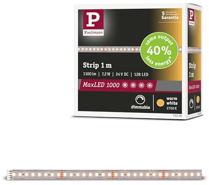 Paulmann MaxLED 1000 Strip 1 m Warmweiß Silber | Dimmbar, 2700K warmweiß, 1100lm/m, selbstklebend, kürzbar, IP20