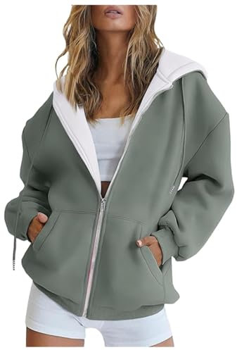 Generisch Pull à capuche femme décontracté mode capuche cordon de serrage couleur unie fermeture éclair manteau poche manteau sweat-shirt pull bouteille, vert, XXL