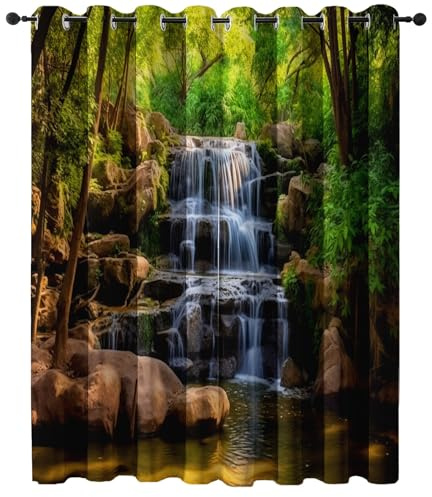 Natur Park Dschungel Wasserfall H 160 x B 70 cm 2er Set mit Ösen Verdunkelungsvorhang für Babyzimmer & kleine Fenster Schichtarbeiter, Blickdicht Thermisch Kälteschutz Lichtundurchlässig, Grün Braunes