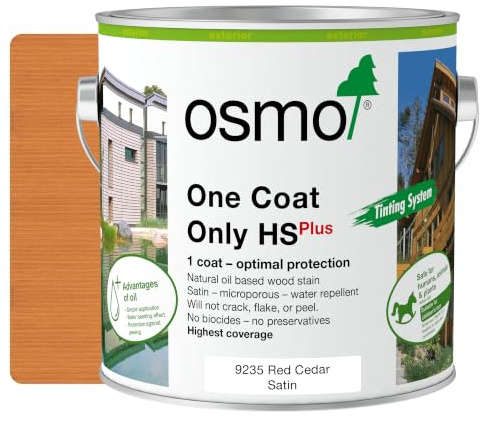 Osmo One Coat Only HS Plus 9235 Transparent Red Cedar 2.5L – High Coverage Exterior Wood Stain for Cladding & Fencing – One Coat Protection – Water & UV Resistant Satin Finish