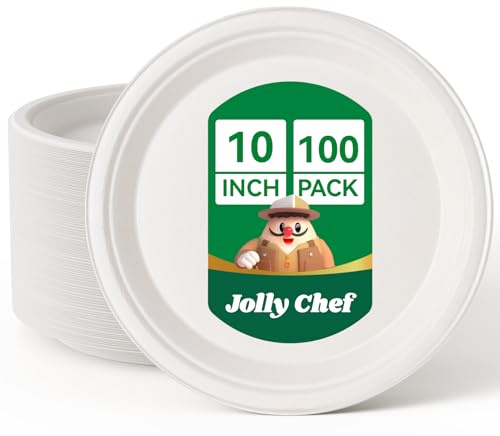 JOLLY CHEF 100 Pack 10 Inch Strong Disposable Bagasse Plates White | Compostable Biodegradable Bagasse Plates, Heavy-Duty Sugarcane Plates for Party & Dinner