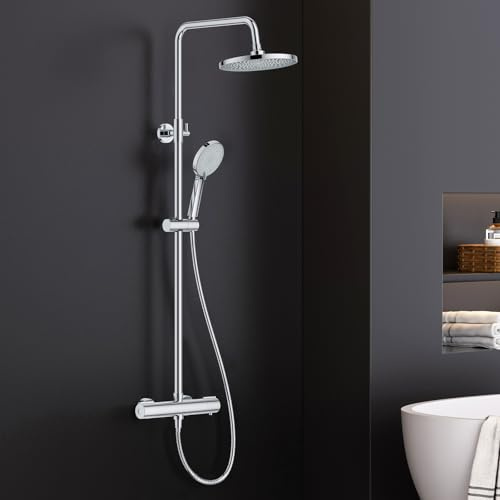 FORIOUS® Duschsystem mit Thermostat,Duscharmatur Komplettset PolierterChrom | Edelstahl Duschsystem 25cm Rund-Overhead Regendusche，90-125cm Höhenverstellbare Duschstange, 3 Strahlarten ABS Handbrause