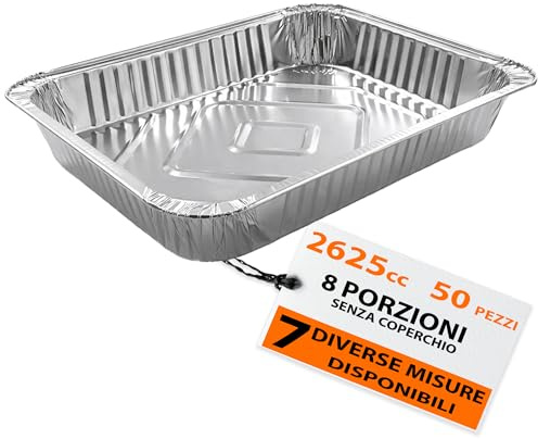 G.M. DISTRIBUZIONE GM – 50 Contenitori in Alluminio 8 Porzioni 2625 cc Senza Coperchio, Vaschette Rettangolari Extra Grandi per Forno e Congelatore, Gastronomia e Catering – 32,2×26,2×4h cm