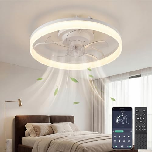 XEMQENER 50CM Ceiling Fans with Lights and Remote, Dimmable LED Ceiling Fan Light with 6 Speeds & Timing, Reversible Smart Modern Fan Lamp for Bedroom Living Room(White)