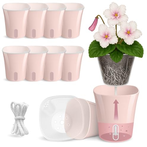 Vandorelle Lot de 10 pots de 7,6 cm à arrosage automatique pour plantes d'intérieur, intérieur transparent, petits pots de fleurs en plastique rose, indicateur de niveau d'eau, trous de drainage