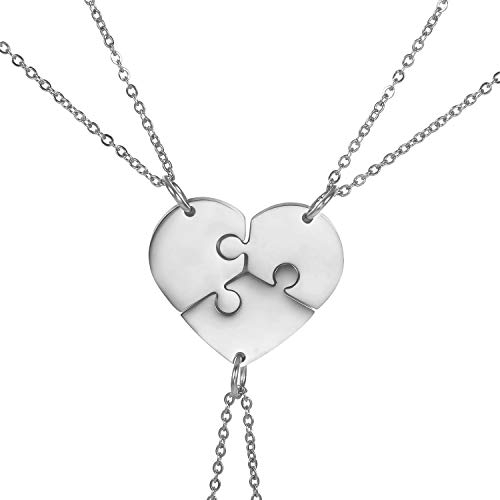 JewelryWe Schmuck Personalisierte Halskette mit Gravur, 3PCS Herz Puzzleteile Anhänger Edelstahl Familien Freunde Kette Geschenk Silber