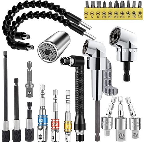 EDIONS 26 PCS Flexible Drill Bit Extension Set with 2 PCS 105°Angle Drill Bit Extension, 1/2 3/8 1/4 inch Universal Socket Adapter & Drill Bit Holder & Universal Socket Grip & Screwdriver Bit Kit