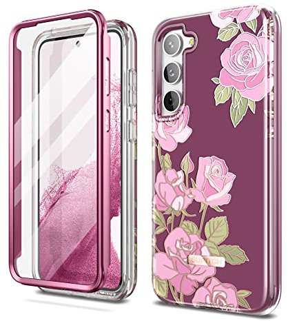 SURITCH Coque Samsung Galaxy S23 Floral 360 Degrés Bumper Souple Integrale Antichoc Etui Protection Avant et Arrière Housse pour Samsung Galaxy S23(Rose)