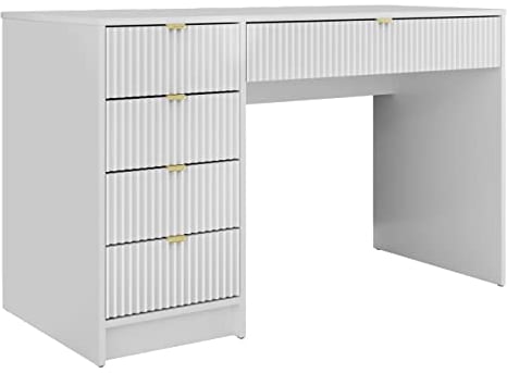 Mirjan24 Schreibtisch Tireno, 5 Universale Schubladen geriffelte Fronten Schülerschreibtisch Computertisch Kinderschreibtisch Arbeitstisch PC-Tisch Jugendzimmer Kinderzimmer (Weiß Velvet)