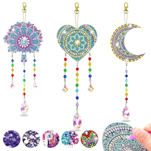 Diamond Painting Sonnenfänger Windspiel Bastelset, DIY 5D Doppelseitiges Diamond Painting Set Anhänger Ornament Fensterdeko Basteln für Mädchen Geschenke - 3 Stück(Baum + Halbmond + Herz)
