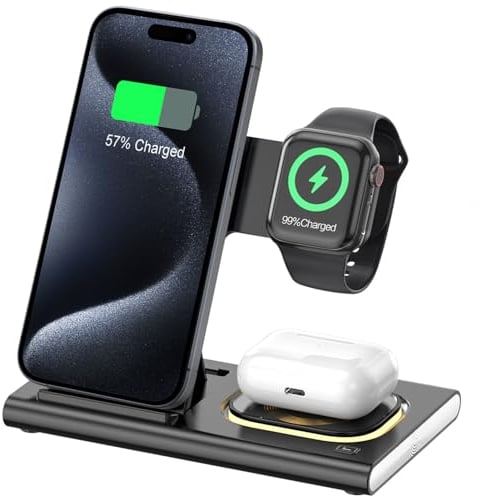 Aimtel 3 in 1 Foldable Charging Station Compatible for Apple Watch 10/Ultra 2/9/8/7/6/SE,Fast Wireless Charger Travel&NightLight for iPhone 16/16 Pro/16 Pro Max/16 Plus/15/14/13/12,Air Pods Pro/4/3/2