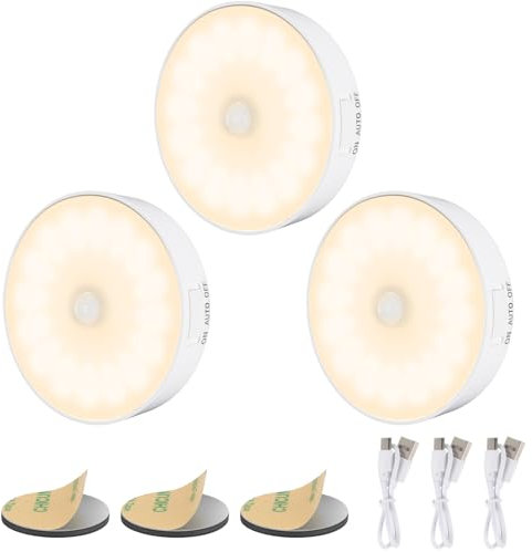 Electight 14 luces LED con sensor de movimiento para interiores, paquete de 3 luces nocturnas para armario, 3 modos, batería recargable por USB, luces de escalera, para armario, armario, pasillo