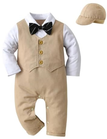 Lito Angels Esmoquin Mono Mameluco Trajes Formal con Sombrero Gorra para Bebe Niños Talla 3-6 Meses, Caqui (Número de Etiqueta 70)