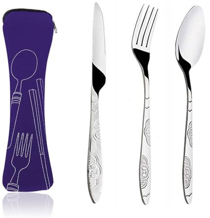 XOPOZON Lot de 3 Couverts de Camping, Ensemble de Couverts Transportables, Couverts en Acier Inoxydable avec Sac en Néoprène Idéal pour les Voyages et le Camping (Violet)