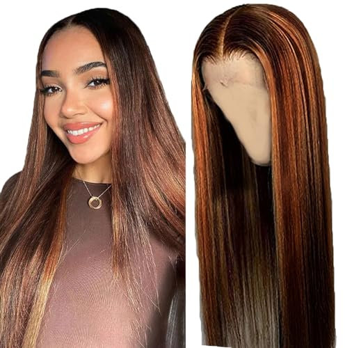 Creuost Echthaar Perücke Frauen 4x1 Transparente Spitze vorne 150% Dichte Straight Wig Brazilian Virgin Lace Frontal Human Hair Wig Pre Plucked With Baby Hair p4/30 Highlight Brown 20 Inch
