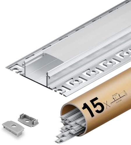 Shine Plus LED Fliesenprofil für Led-Streifen 15 x 2 m, Mit milchweißer PC-Abdeckung, LED Trockenbauprofil 24,4 mm (Flügel 61,8 mm) x 13,8 mm, Unterstützt die maximale Breite des Streifens 20 mm