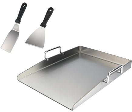 Grillplatte - 40 x 30 cm Edelstahl Plancha mit Grillspachteln und Griff, Grillzubehör Universal BBQ Grillplatte für Gasgrill und Holzkohlegrill