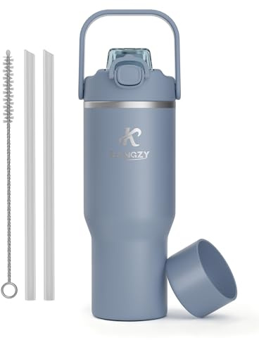 KANGZY Metal Water Bottle with Straw 1L/32oz – Vacuum Insulated Stainless Steel Flask, 2-in-1 Straw & Spout Lid, BPA-Free Leak-Proof Tumbler, Keeps Drinks Hot 8H+ / Cold 24H for Work, Travel Blue
